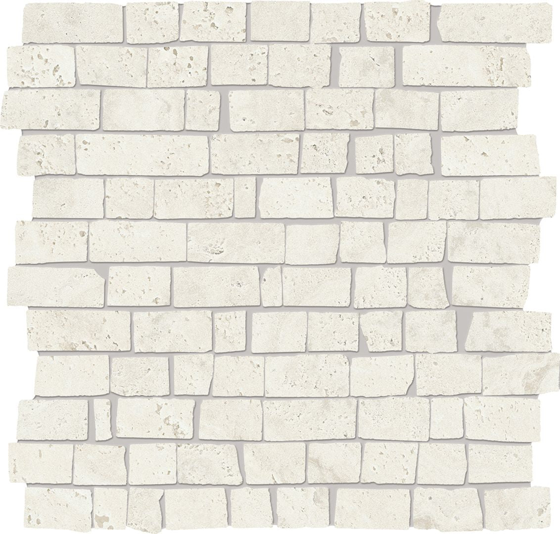 Unique Travertine White porcelain mosaic tile by Emil, 11 13/16"x11 13/16"x9.5-mm size. Premium Italian porcelain for floors and walls.