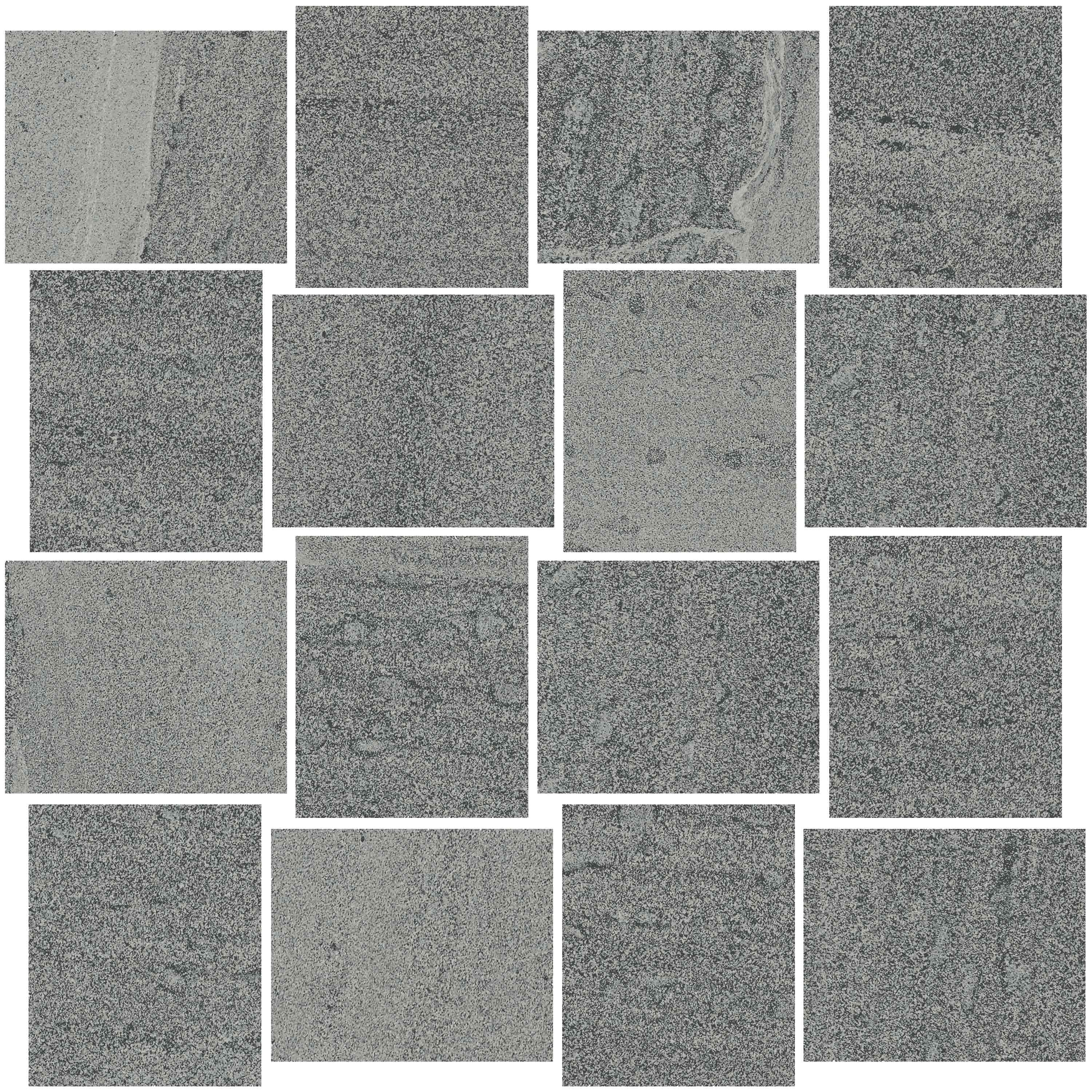 MILESTONE South Grey porcelain mosaic, top-down product view, 12"×12"×11/32" size. Premium porcelain for floors and walls.