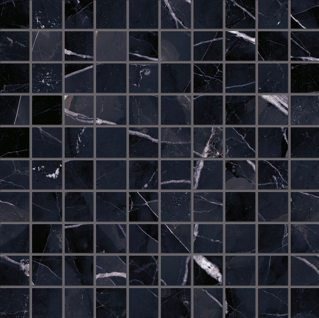 Tele Di Marmo Revolution CALACATTA BLACK porcelain mosaic tile by Emil, full lappato finish, 12"x12" size. Premium Italian porcelain for floors and walls.