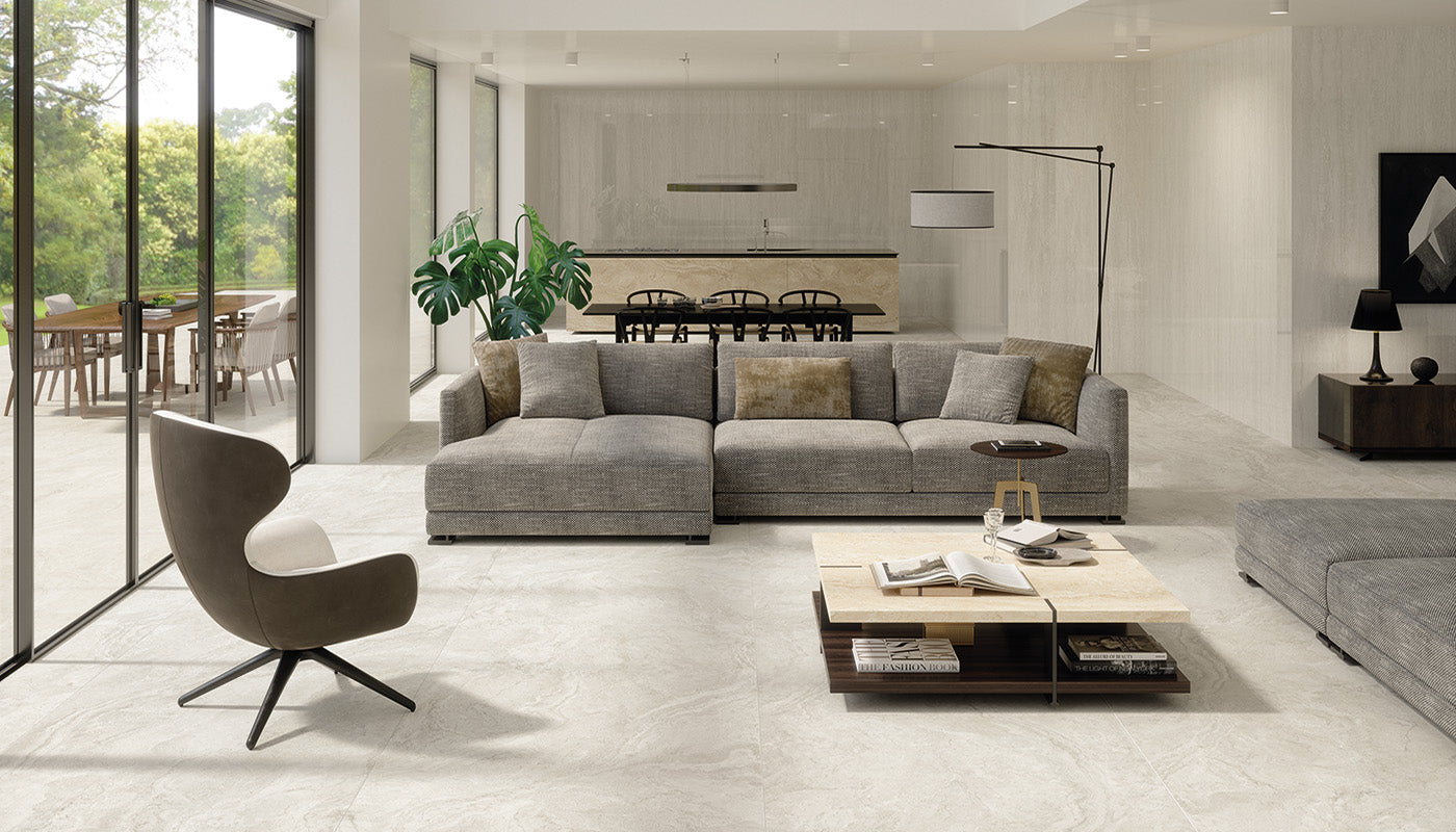 Unique Travertine White porcelain field tile by Emil, tecnica finish, 23 5/8"x47 1/4"x9.5-mm size. Premium Italian porcelain for floors and walls.