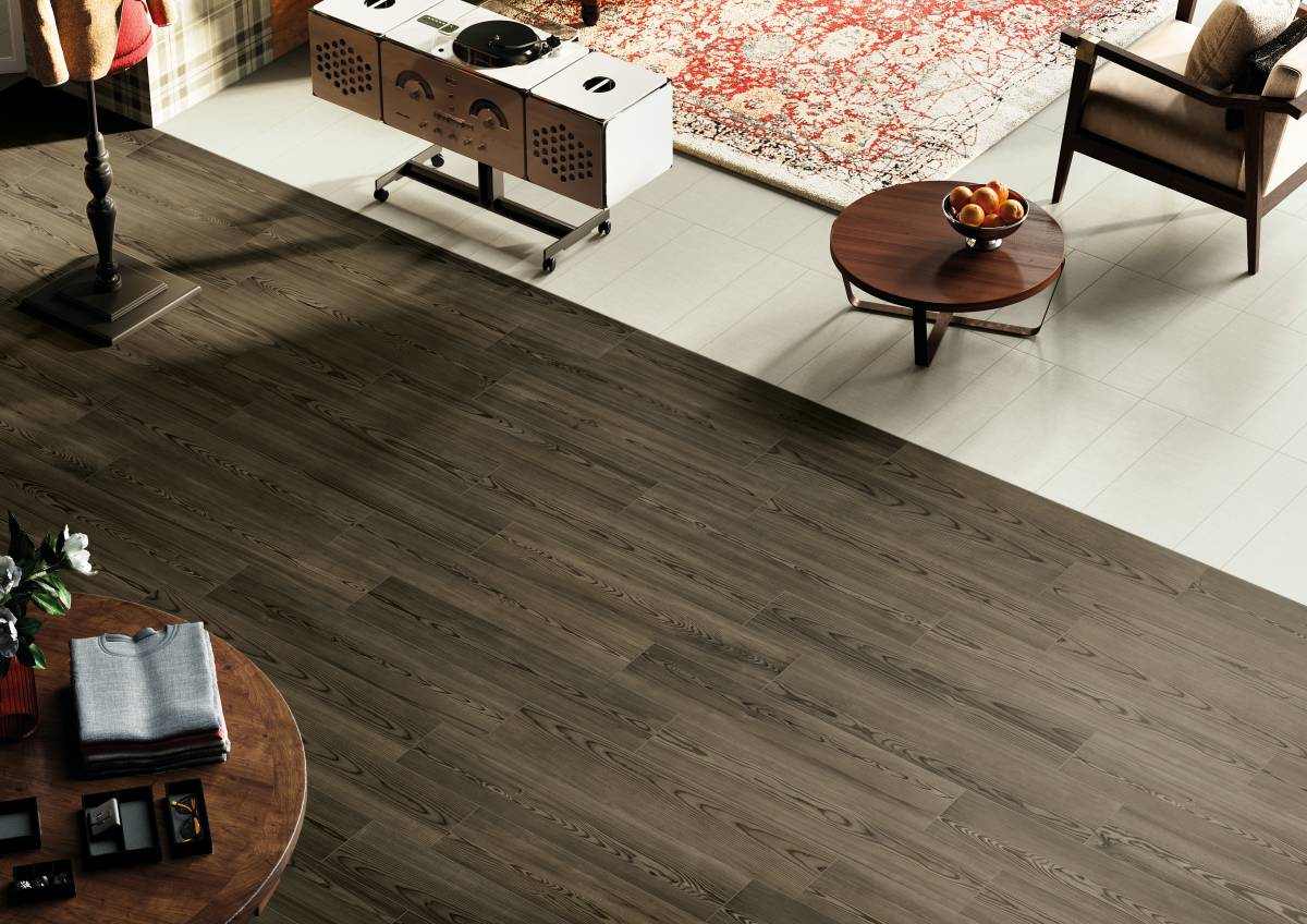 Feeling Maple porcelain field tile, lifestyle installation view, 7 3/4"×40"×11/32" size. Premium porcelain for floors and walls.