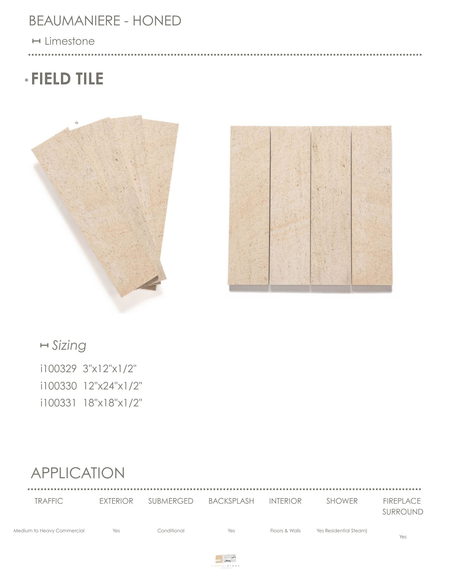 Beaumaniere limestone field tile, primary product image, 16"×24"×1/2" size. Premium limestone for floors and walls.