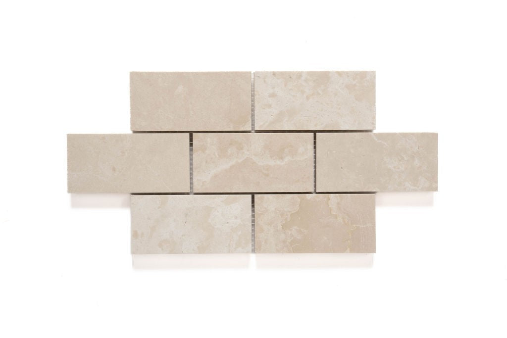 Botticino Botticino Extra marble mosaic, top-down product view, 6"×12" size. Premium marble for floors and walls.