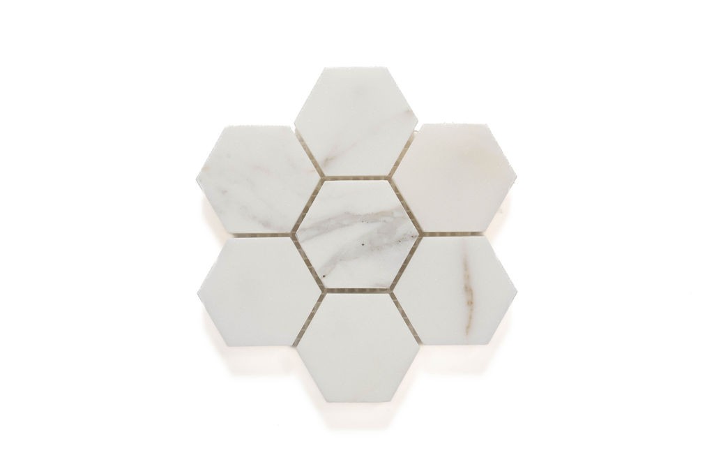 Calacatta Gold Calacatta Gold / Statuario marble mosaic, top-down product view, 12"×12" size. Premium marble for floors and walls.