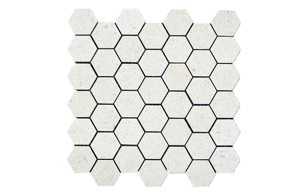 Gascogne Beige limestone mosaic, top-down product view, 12"×12" size. Premium limestone for floors and walls.