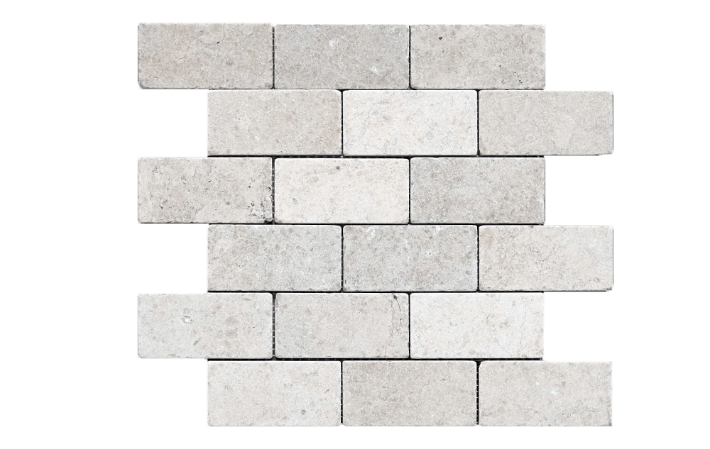 GASCOGNE BLUE: 2X4 Staggered Joint Limestone Field Mosaic (12 1/4"x12 5/8"x3/8" | time worn)