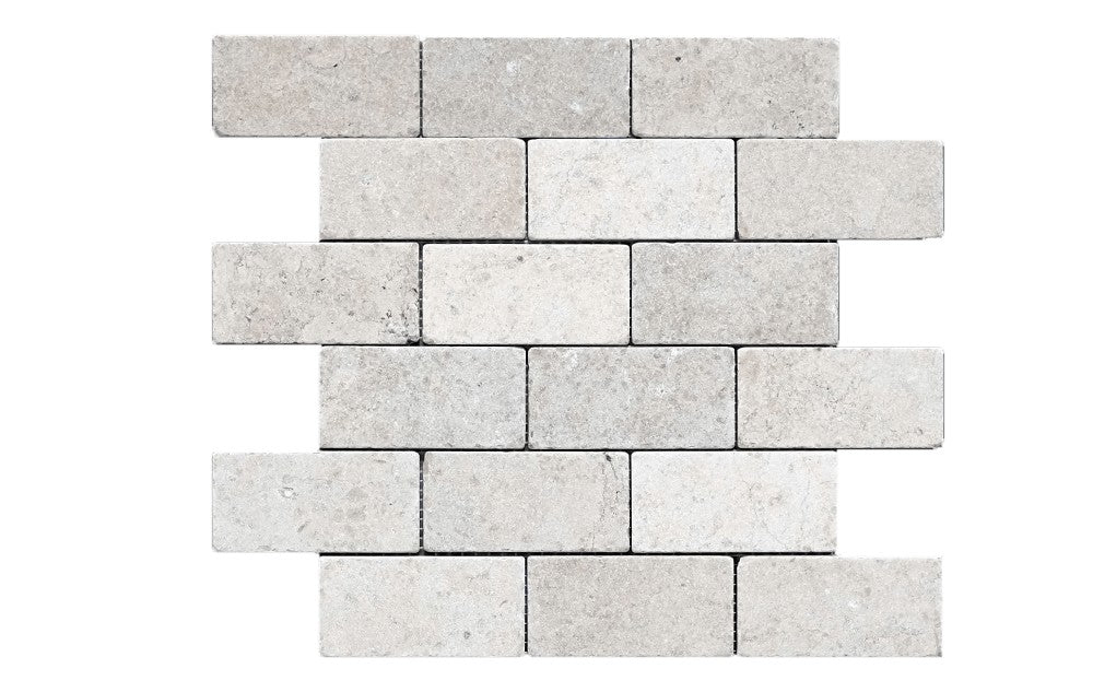 Gascogne Blue limestone mosaic, alternate product view, 6"×12" size. Premium limestone for floors and walls.