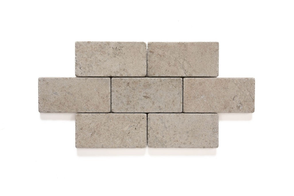 Gascogne Blue limestone mosaic, top-down product view, 6"×12" size. Premium limestone for floors and walls.