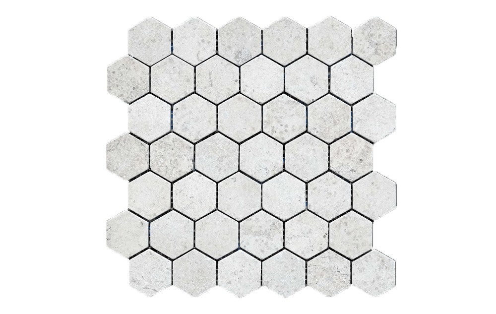 Gascogne Blue limestone mosaic, top-down product view, 12 5/8"×13 5/16" size. Premium limestone for floors and walls.