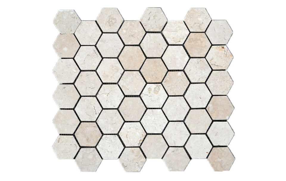 Ismailia Cream limestone mosaic, top-down product view, 12 5/8"×13 5/16" size. Premium limestone for floors and walls.