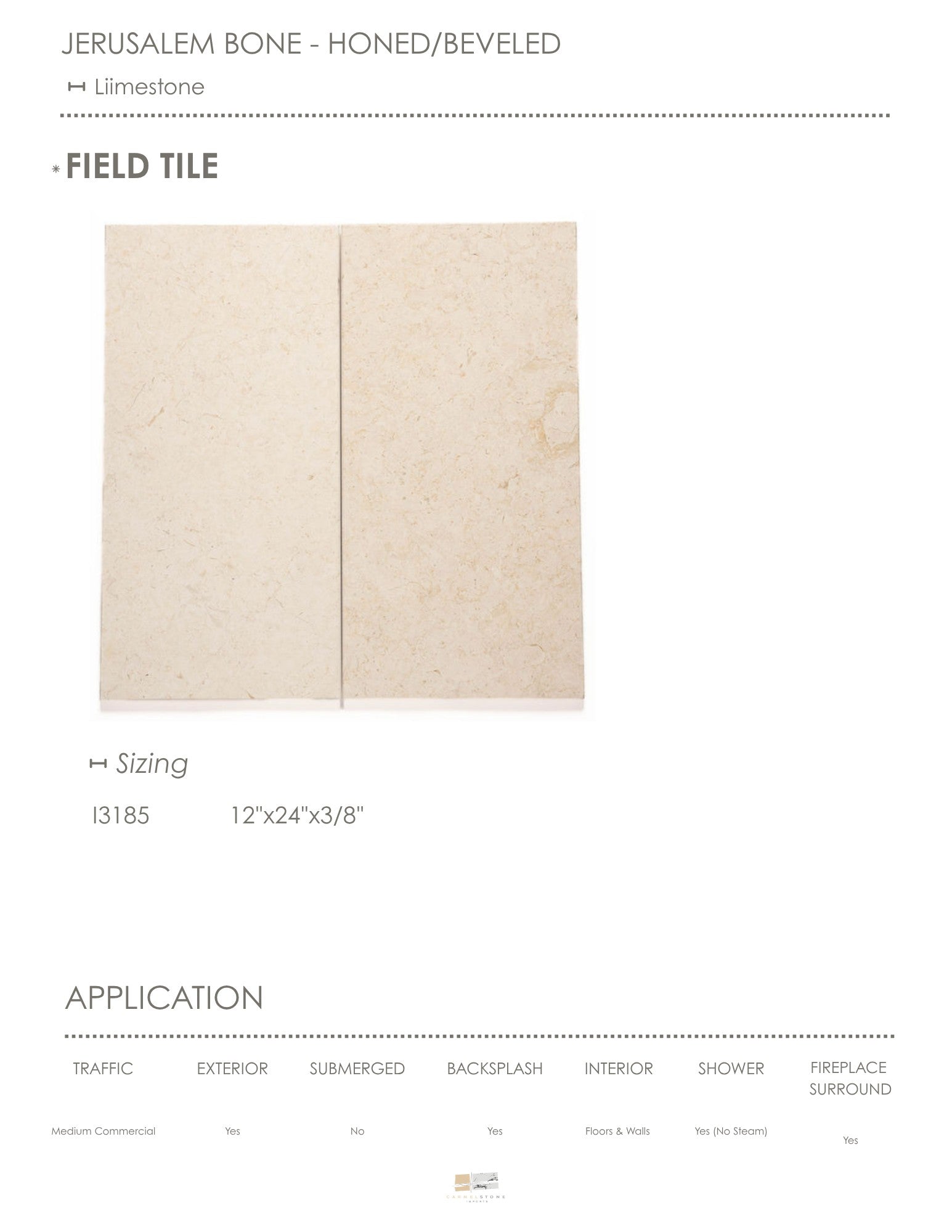 Jerusalem Bone limestone field tile, product image, 12"×24"×3/8" size. Premium limestone for floors and walls.