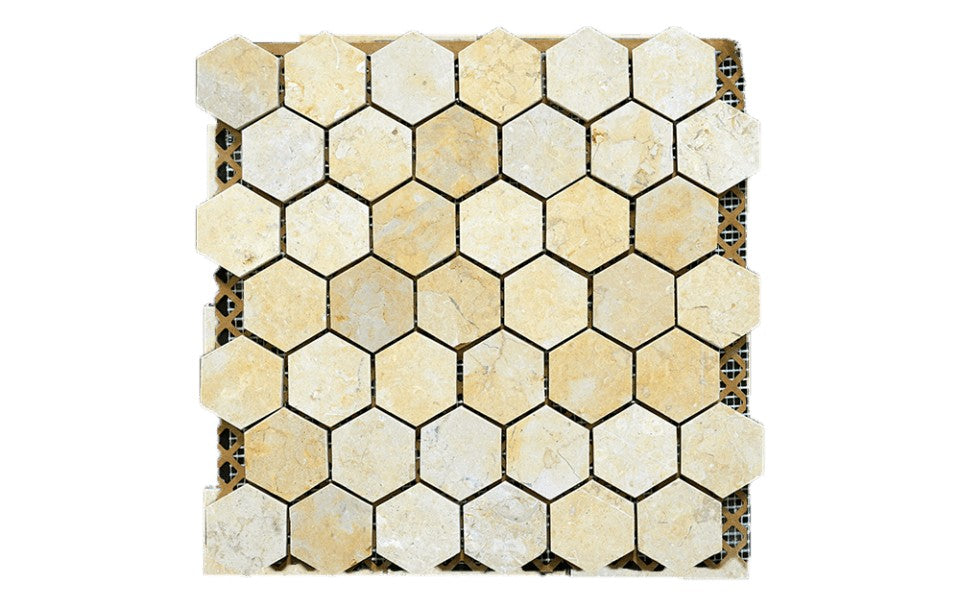 Jerusalem Gold limestone mosaic, top-down product view, 12 5/8"×13 5/16" size. Premium limestone for floors and walls.