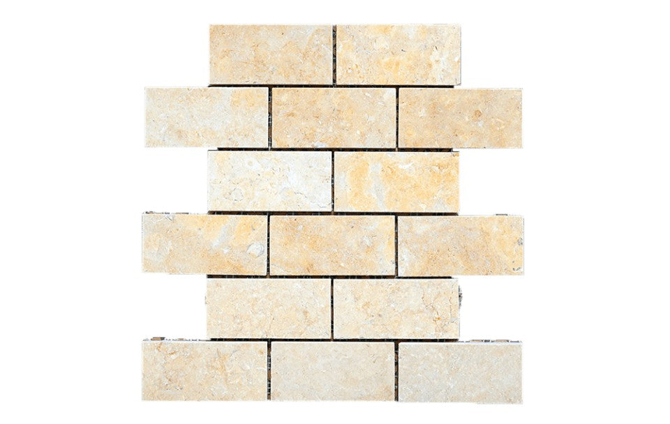 Jerusalem Gold limestone mosaic, alternate product view, 6"×12" size. Premium limestone for floors and walls.