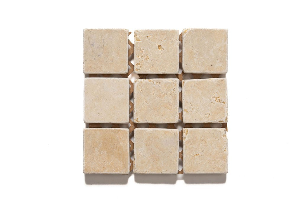 Jerusalem Gold limestone mosaic, top-down product view, 12 5/8"×12 5/8" size. Premium limestone for floors and walls.