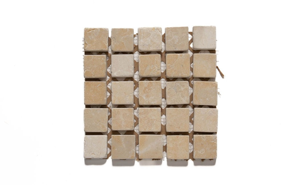 Jerusalem Gold limestone mosaic, top-down product view, 11 1/8"×11 1/8" size. Premium limestone for floors and walls.
