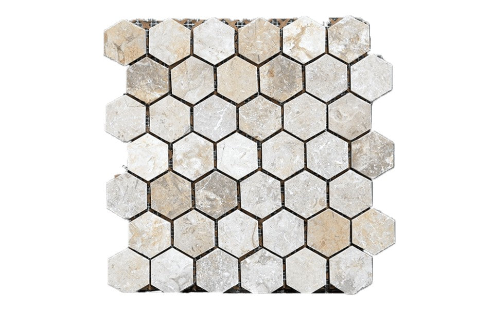 Jerusalem Grey Gold Jerusalem Grey/Gold limestone mosaic, top-down product view, 12 5/8"×13 5/16" size. Premium limestone for floors and walls.