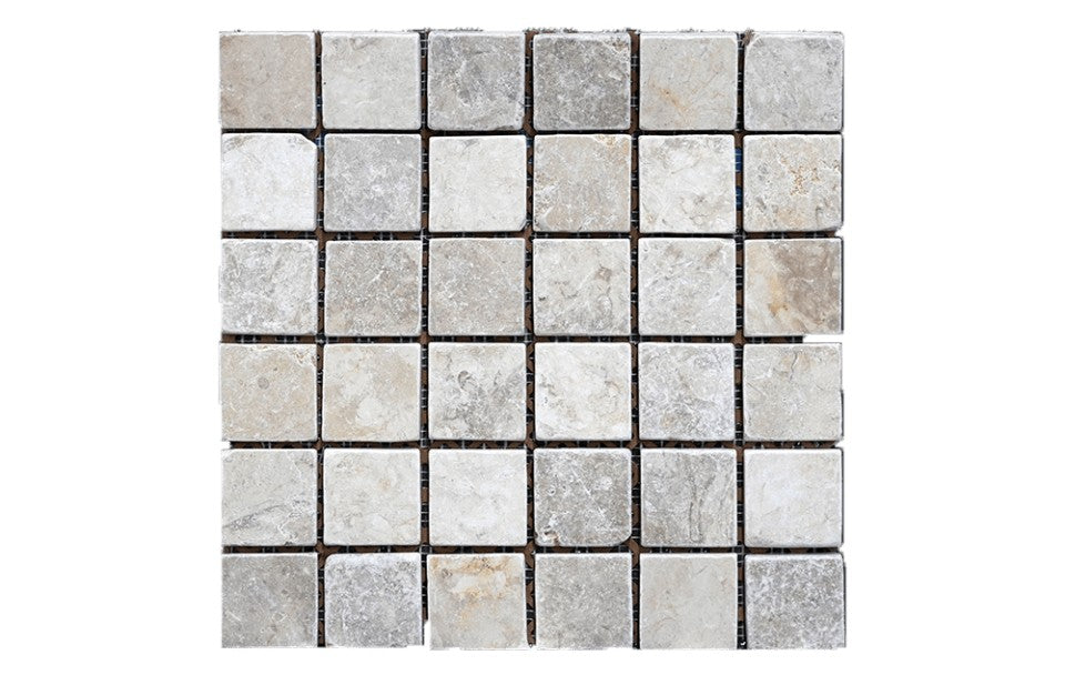 Jerusalem Grey Gold Jerusalem Grey/Gold limestone mosaic, top-down product view, 12 5/8"×12 5/8" size. Premium limestone for floors and walls.