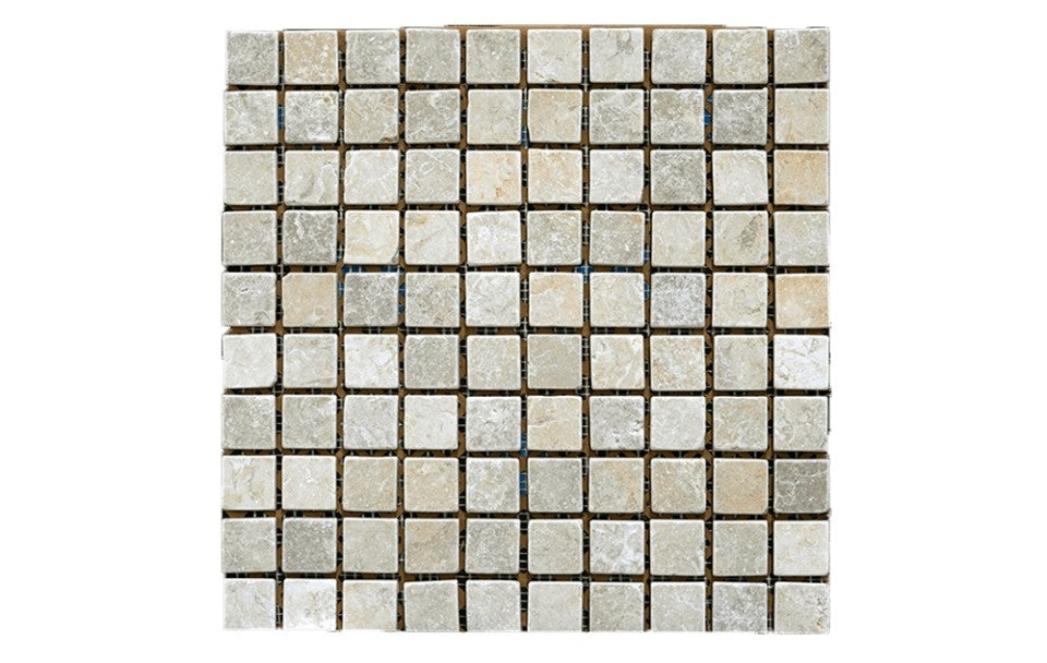 Jerusalem Grey Gold Jerusalem Grey/Gold limestone mosaic, alternate product view, 11 1/8"×11 1/8" size. Premium limestone for floors and walls.