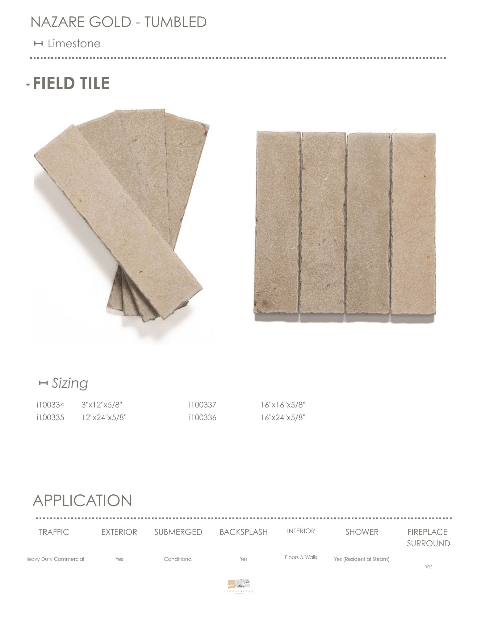 Nazare Gold limestone field tile, primary product image, 16"×24"×5/8" size. Premium limestone for floors and walls.