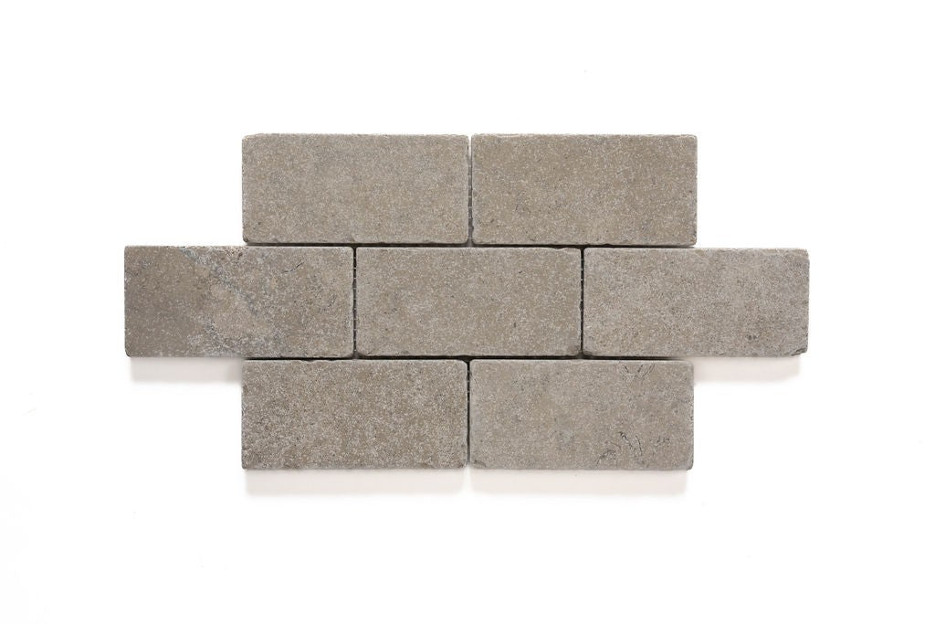 Nazare Taupe limestone mosaic, top-down product view, 6"×12" size. Premium limestone for floors and walls.