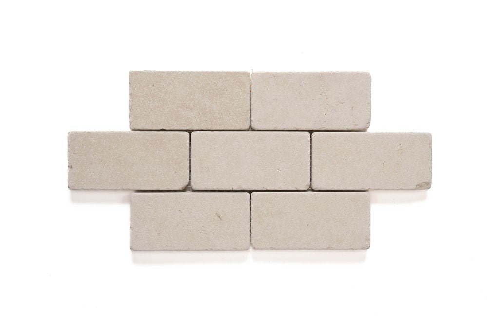 Nazare White limestone mosaic, top-down product view, 6"×12" size. Premium limestone for floors and walls.