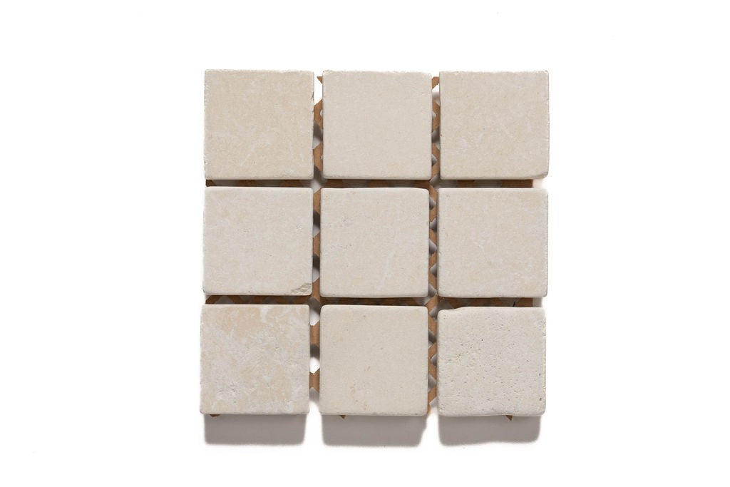 Pebble Beach limestone mosaic, top-down product view, 12 5/8"×12 5/8"×3/8" size. Premium limestone for floors and walls.