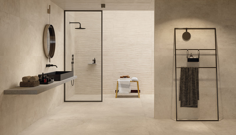 Porcelain Stoneware Emil Fabrika Stone Bathroom Sand Fondo lifestyle image