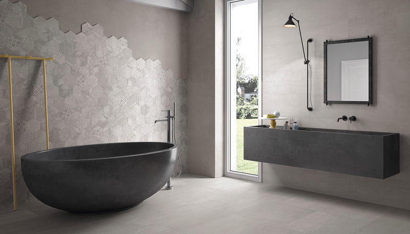 Porcelain Stoneware Provenza Gesso Stone Bathroom Pearl Grey lifestyle image