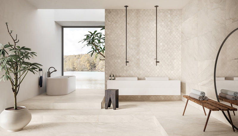 Porcelain Stoneware Provenza Pietra Di Orosei Stone Bathroom Grigio Conchiglia Fondo lifestyle image