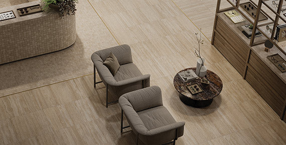 Pisa White porcelain trim, lifestyle installation view 2, 3"×24"×5/16" size. Premium porcelain for floors and walls.