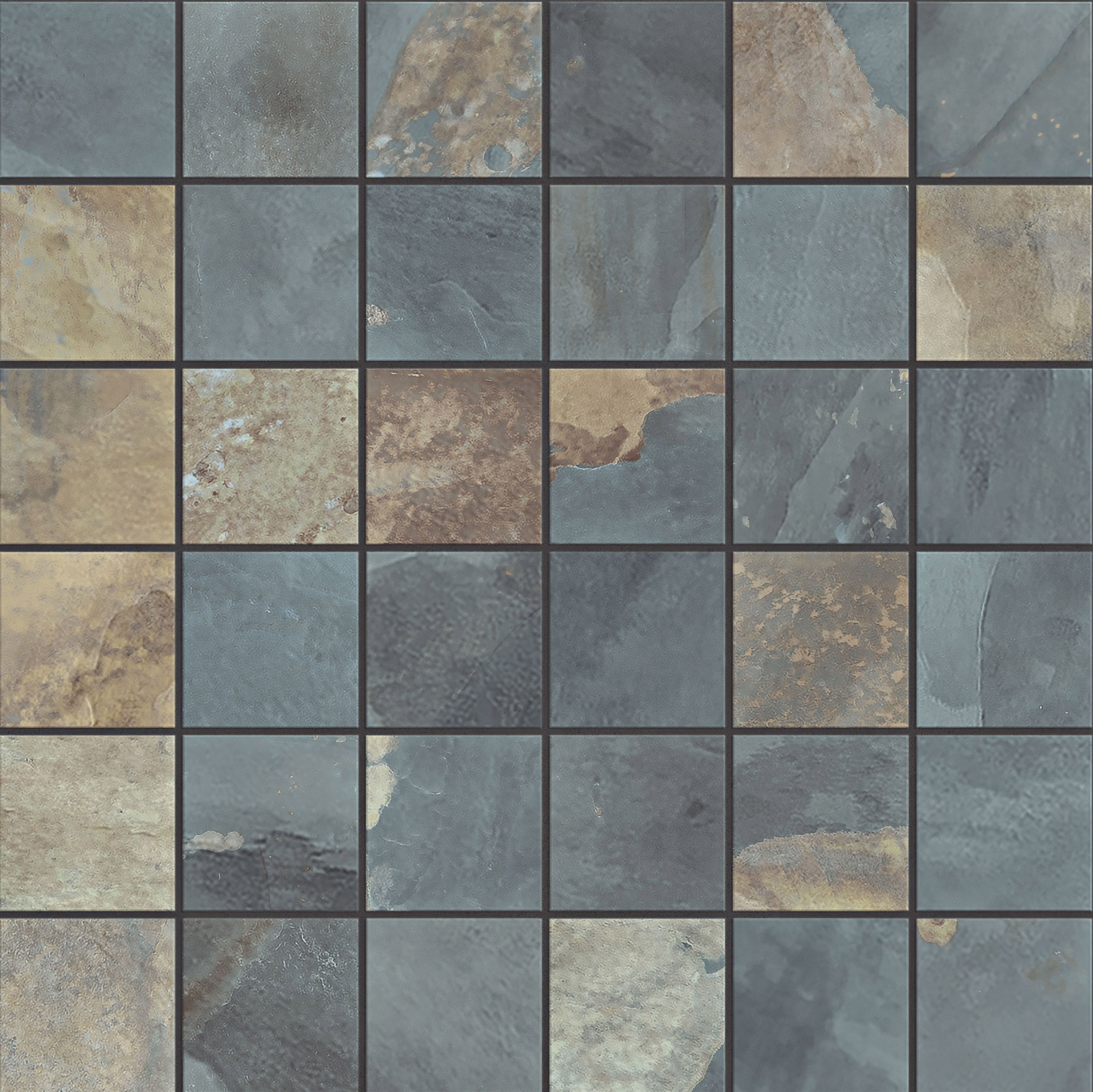 Essence Mariposa Slate porcelain mosaic, top-down product view, 12"×12"×11/32" size. Premium porcelain for floors and walls.