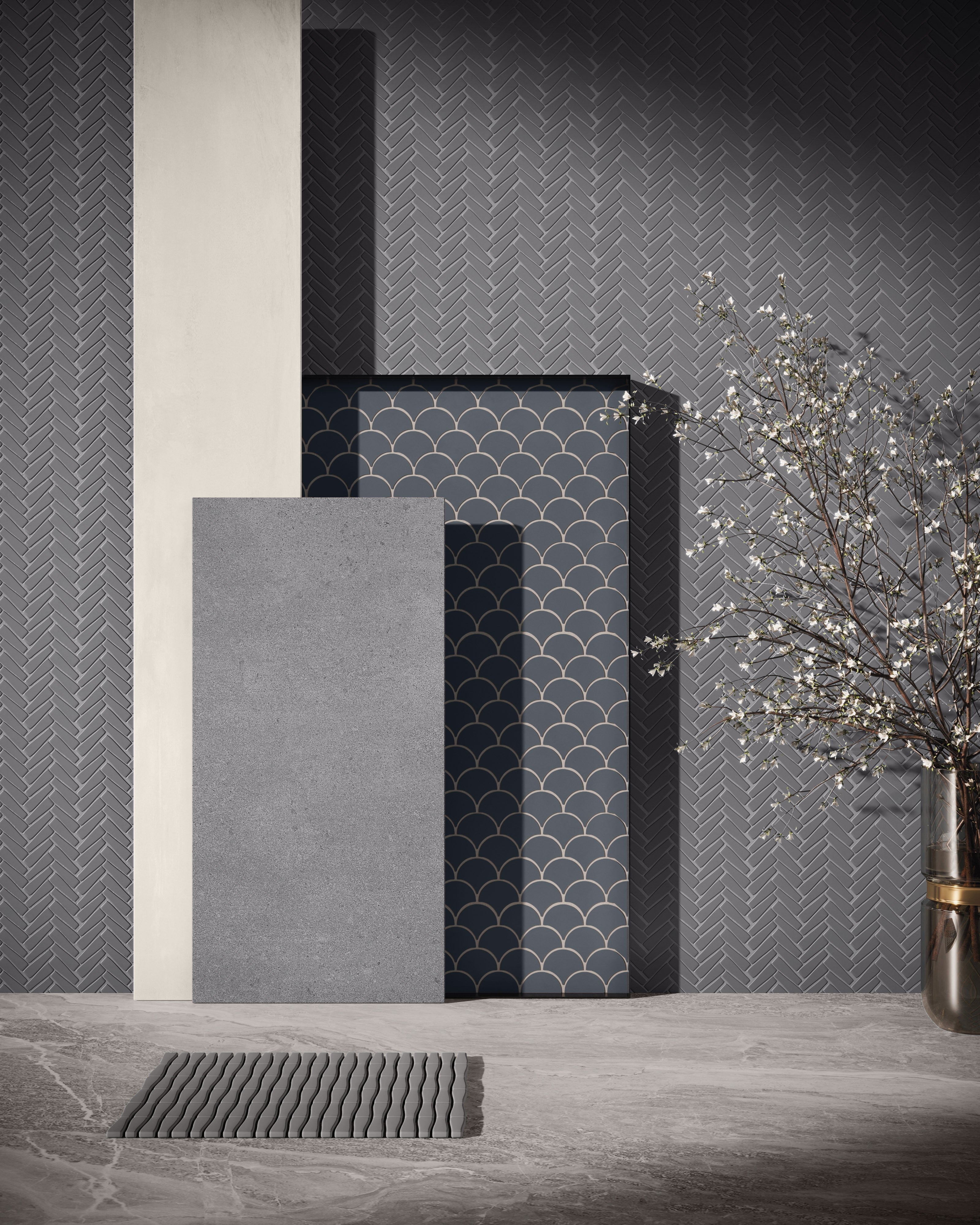 CADENCE GLASS: Smoke Verse Herringbone Mosaic (11"x11"x6-mm | matte | pressed)