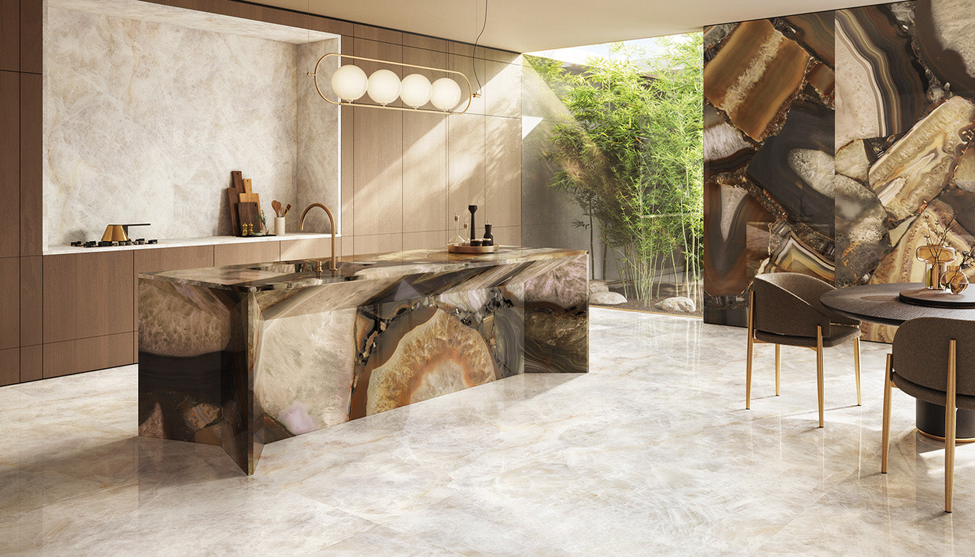 Tele di Marmo Precious CRYSTAL AMBRA porcelain mosaic tile by Emil, full lappato finish, 12"x12" size. Premium Italian porcelain for floors and walls.