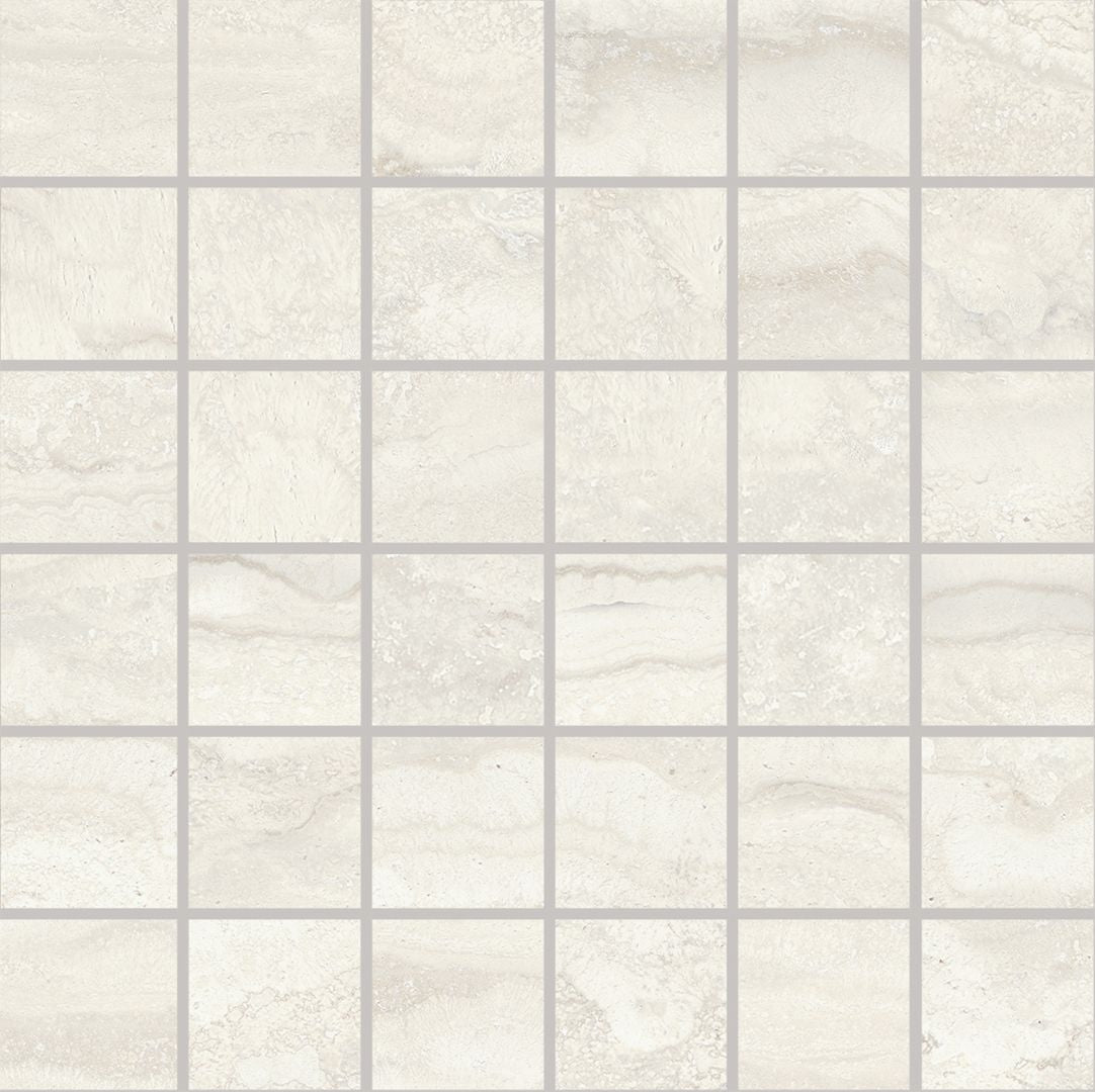 Unique Travertine White porcelain mosaic tile by Emil, 11 13/16"x11 13/16"x9.5-mm size. Premium Italian porcelain for floors and walls.