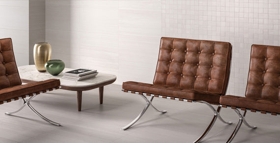 WASHINGTON Platinum porcelain trim, lifestyle installation view 1, 3"×24"×5/16" size. Premium porcelain for floors and walls.