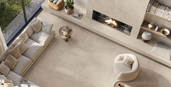 Siena Pearl porcelain trim, lifestyle installation view 2, 3"×24"×5/16" size. Premium porcelain for floors and walls.