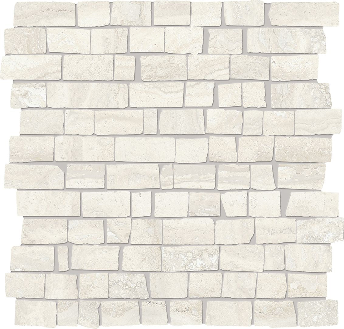 Unique Travertine White porcelain mosaic tile by Emil, 11 13/16"x11 13/16"x9.5-mm size. Premium Italian porcelain for floors and walls.