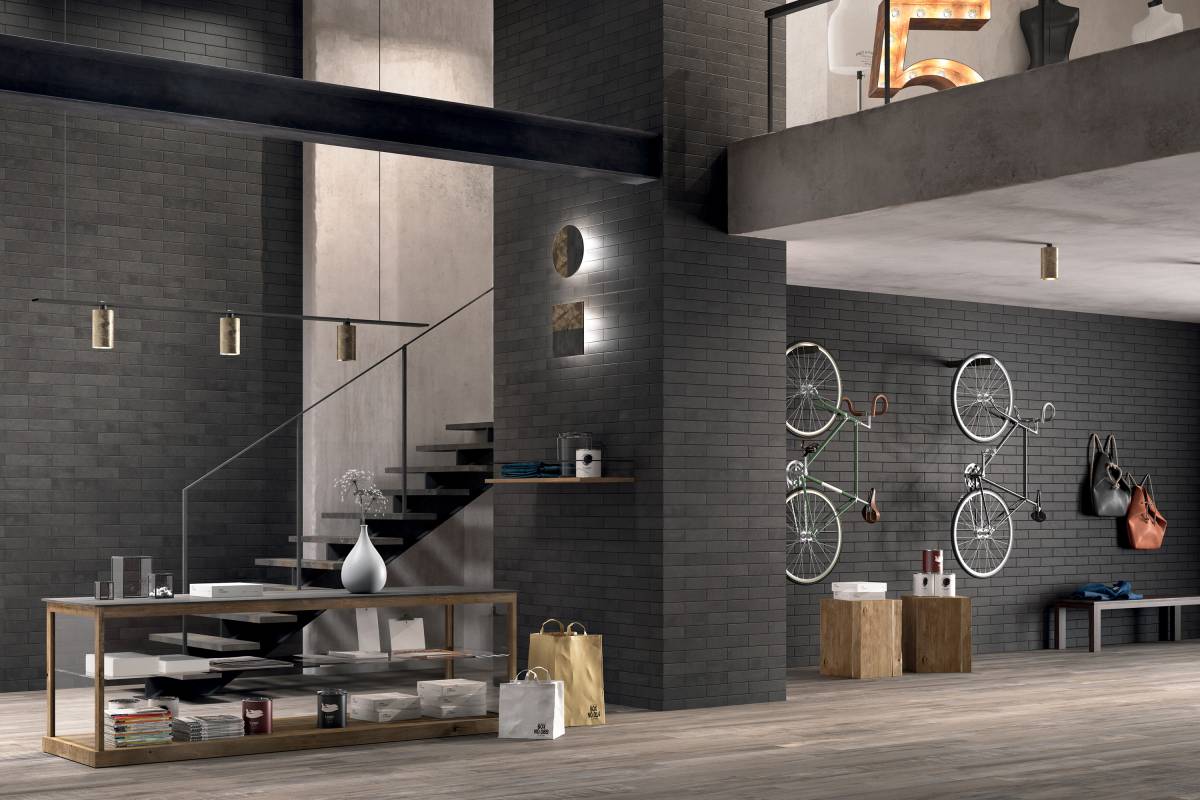 BRICK WORLD SOHO White porcelain trim, lifestyle installation view 3, 3"×12"×11/32" size. Premium porcelain for floors and walls.