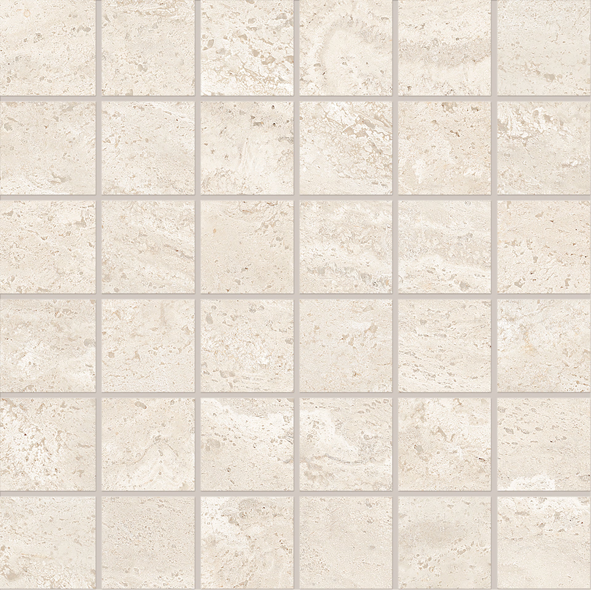 Dual Travertine White porcelain mosaic tile by Emil, silktech finish, 11 13/16"x11 13/16"x9-mm size. Premium Italian porcelain for floors and walls.