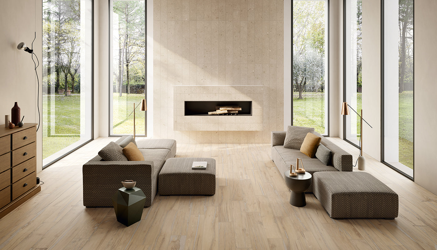 Alter Miele porcelain field tile by Emil, naturale finish, 7 7/8"x47 1/4"x9.5-mm size. Premium Italian porcelain for floors and walls.
