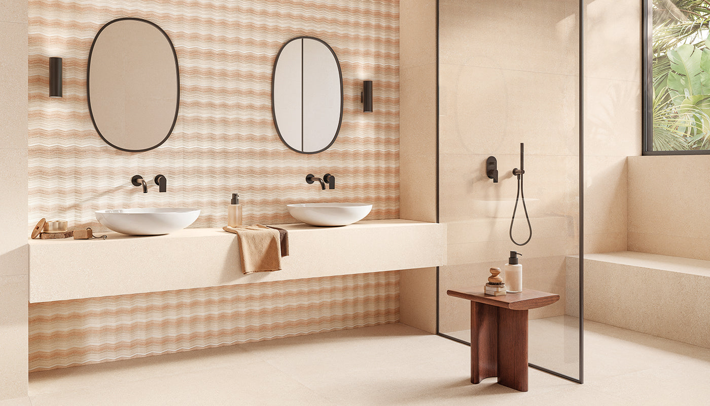 Pietra Essenza Sabbia porcelain field tile by Emil, silktech plus finish, 23 5/8"x47 1/4"x9-mm size. Premium Italian porcelain for floors and walls.