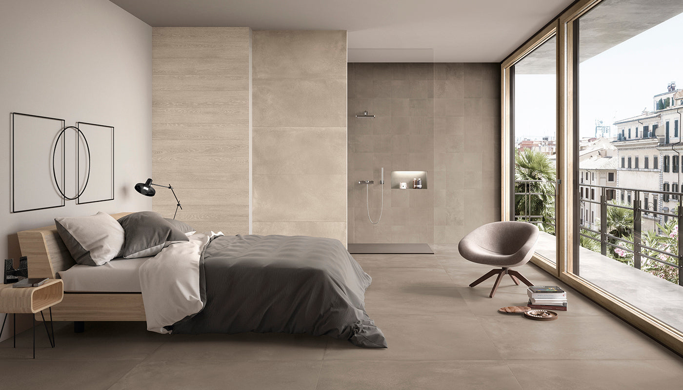 Tr3nd TAUPE porcelain mosaic tile by Emil, naturale finish, 12"x24" size. Premium Italian porcelain for floors and walls.