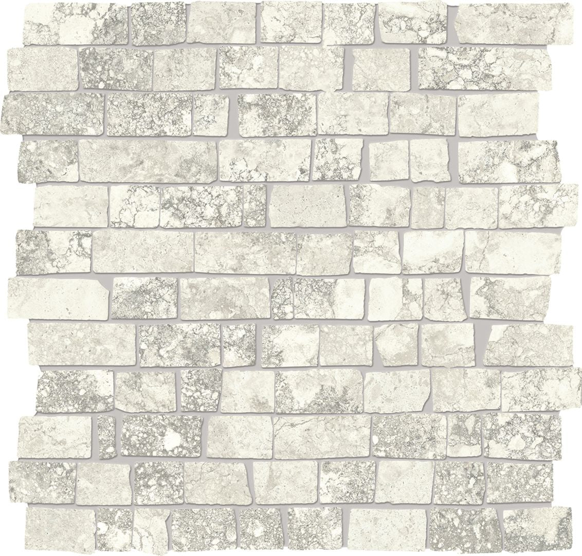 Unique Travertine White porcelain mosaic tile by Emil, 11 13/16"x11 13/16"x9.5-mm size. Premium Italian porcelain for floors and walls.