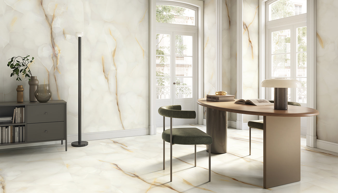 Tele di Marmo Pure Onyx ONYX PERLA porcelain mosaic tile by Emil, full lappato finish, 12"x12" size. Premium Italian porcelain for floors and walls.