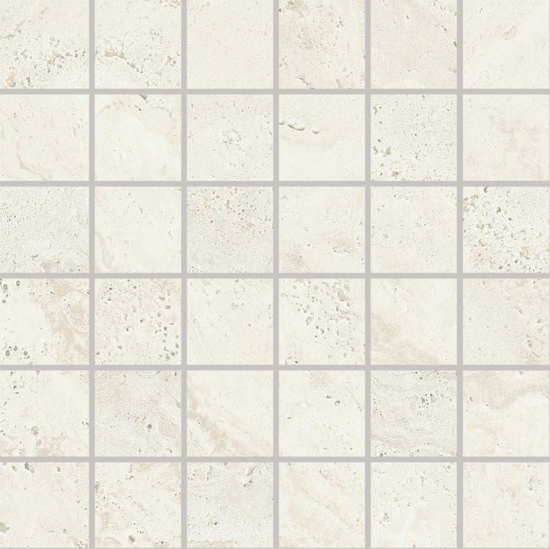 Unique Travertine White porcelain mosaic tile by Emil, 11 13/16"x11 13/16"x9.5-mm size. Premium Italian porcelain for floors and walls.