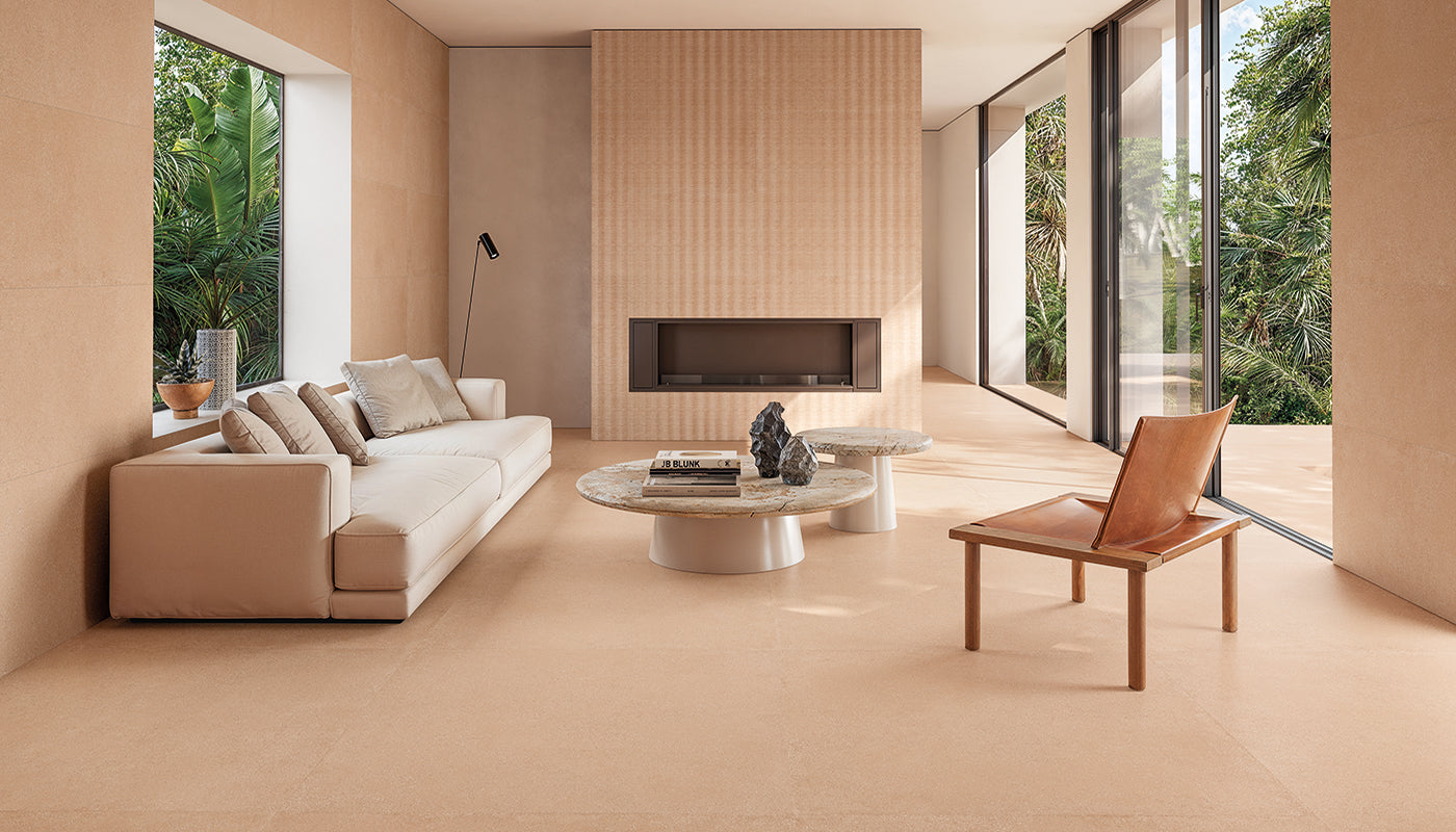 Pietra Essenza Rosso Siena porcelain field tile by Emil, silktech plus finish, 23 5/8"x47 1/4"x9-mm size. Premium Italian porcelain for floors and walls.