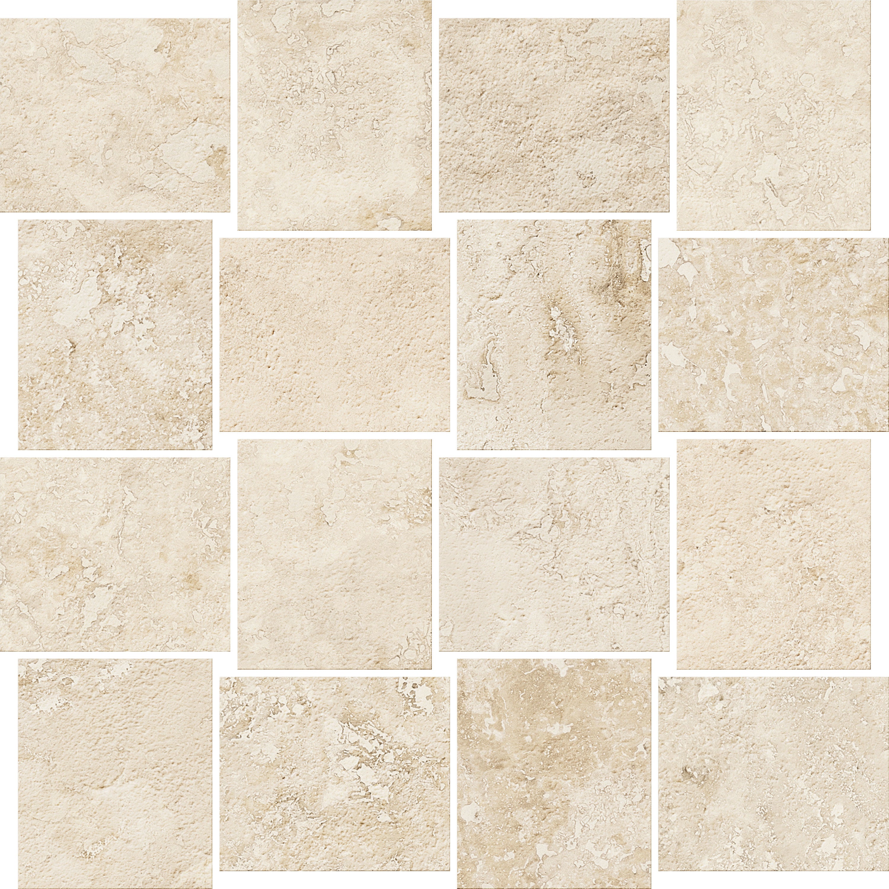 Trail Cross Cut Ivory porcelain mosaic, top-down product view, 12"×12"×11/32" size. Premium porcelain for floors and walls.