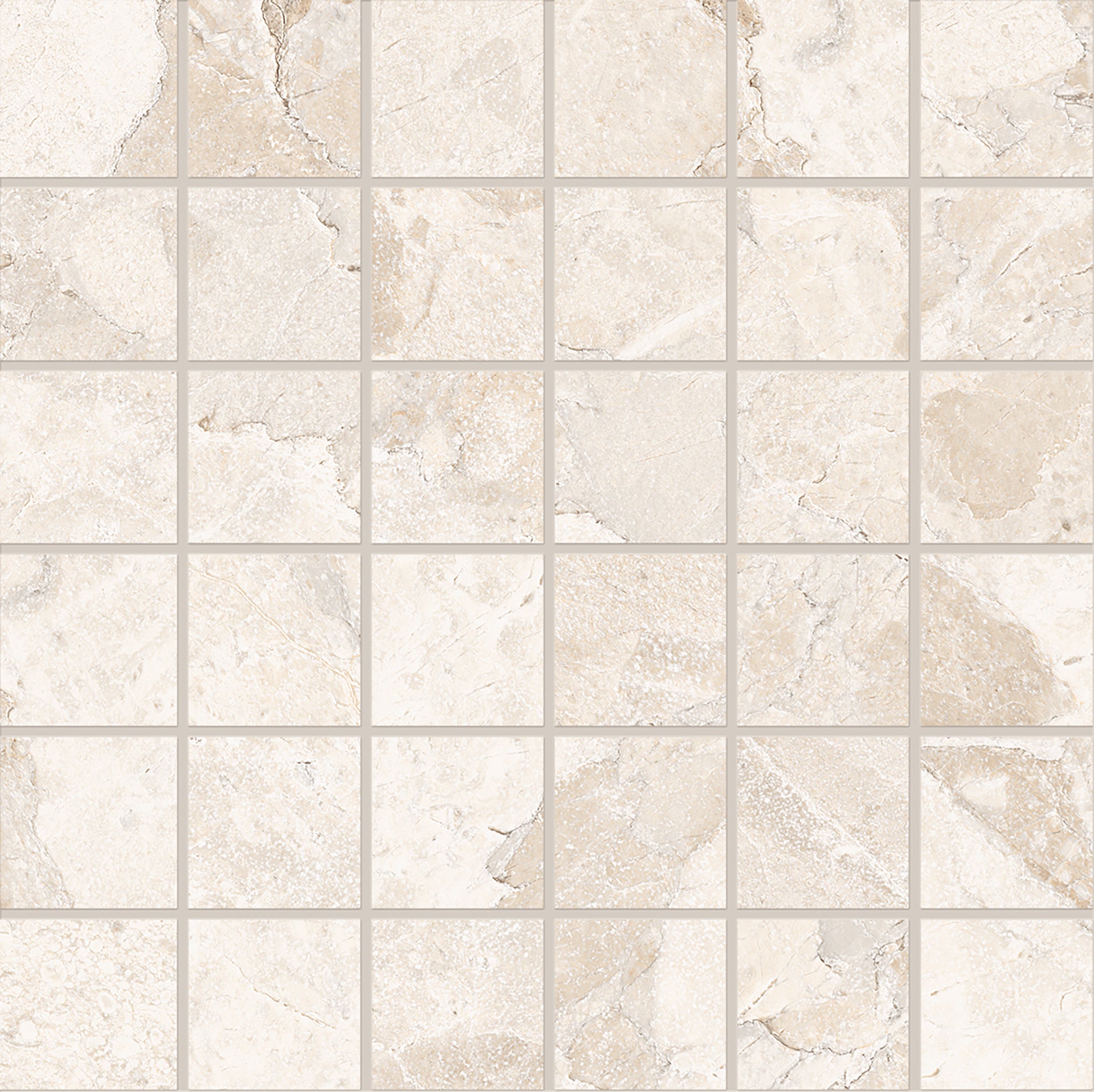 Matera Stone White porcelain mosaic tile by Emil, silktech finish, 11 13/16"x11 13/16"x9-mm size. Premium Italian porcelain for floors and walls.