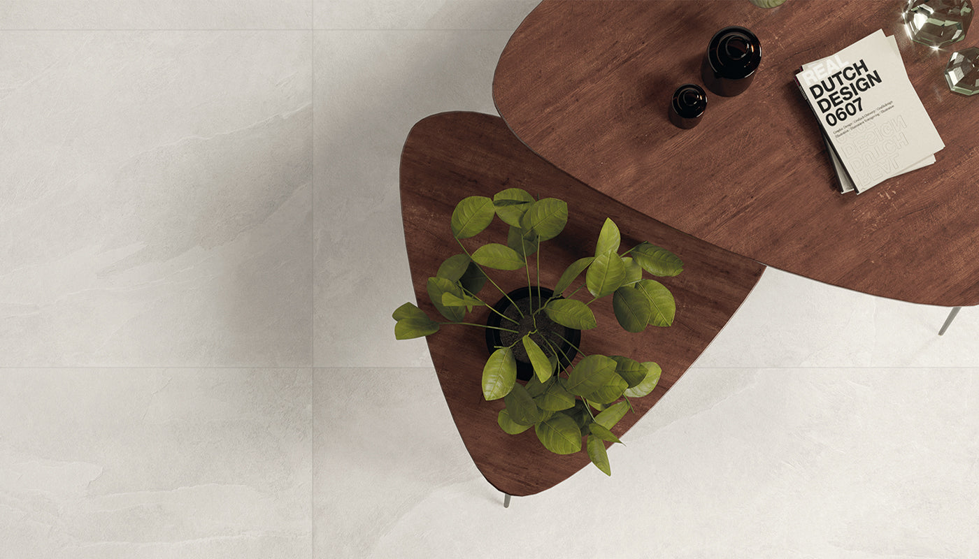 Cornerstone SLATE WHITE porcelain mosaic tile by Emil, naturale finish, 12"x24" size. Premium Italian porcelain for floors and walls.