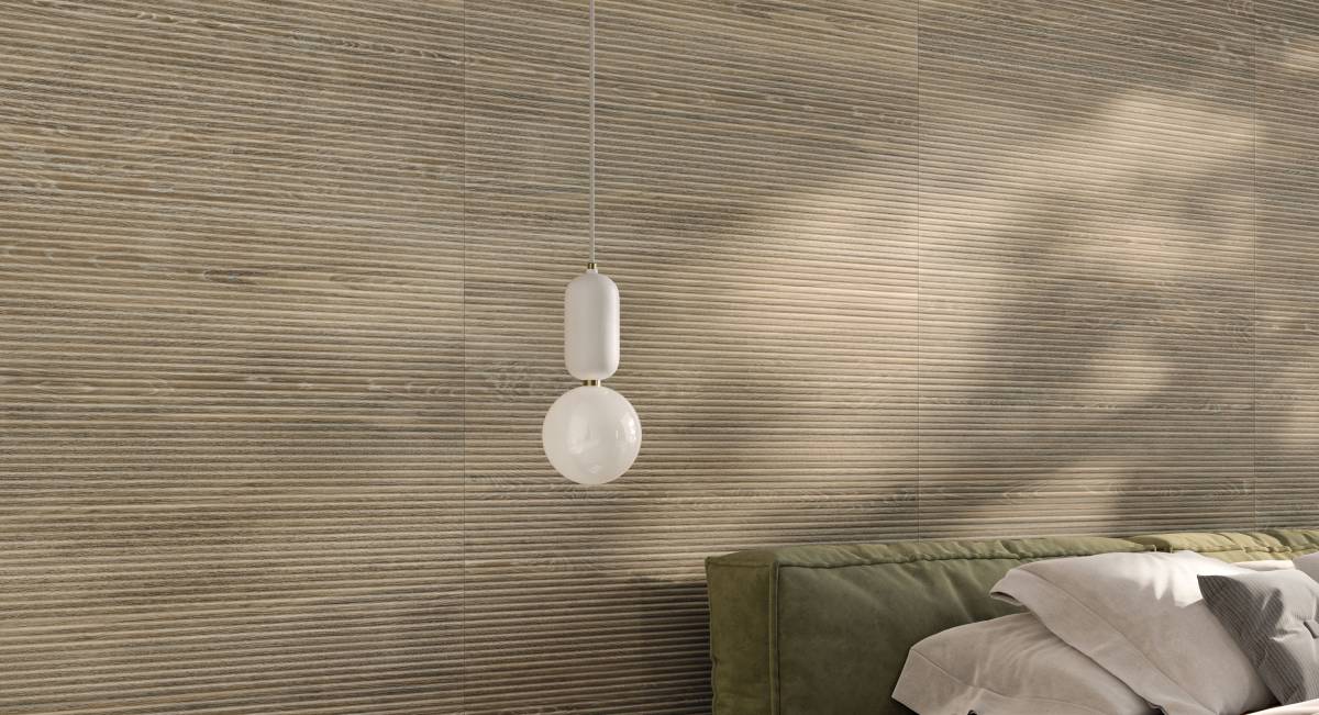 Veneer World Atelier Spirit Elegant Oak porcelain wall veneer, lifestyle installation view 1, 24"×48"×11/32" size. Premium porcelain for floors and walls.
